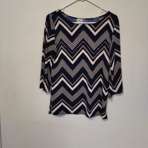 Naif Petite Navy Blue, White & Black Beaded Chevron Pattern Blouse Petite Small